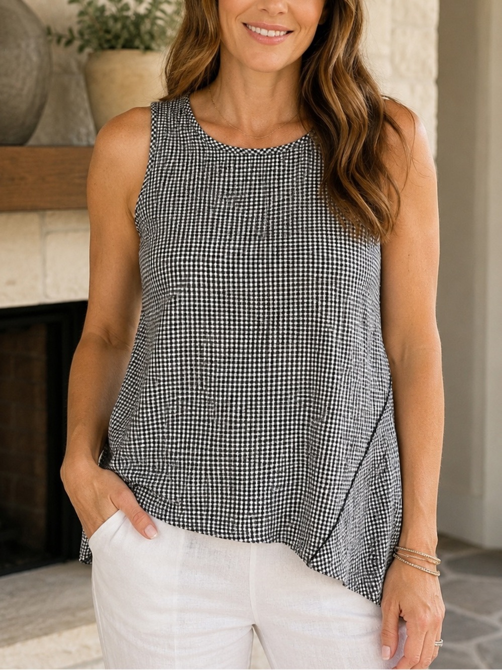 Soft Surroundings Black and White Gingham Textured Scoop Neck Tank Top Tunic XL